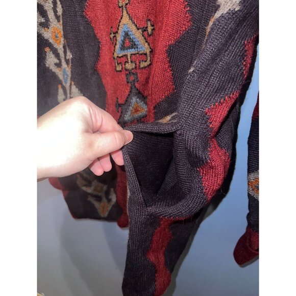 The Peruvian Collection Burgundy Open Front Sweater SZ L Aztec Pattern W Pockets - Picture 6 of 8